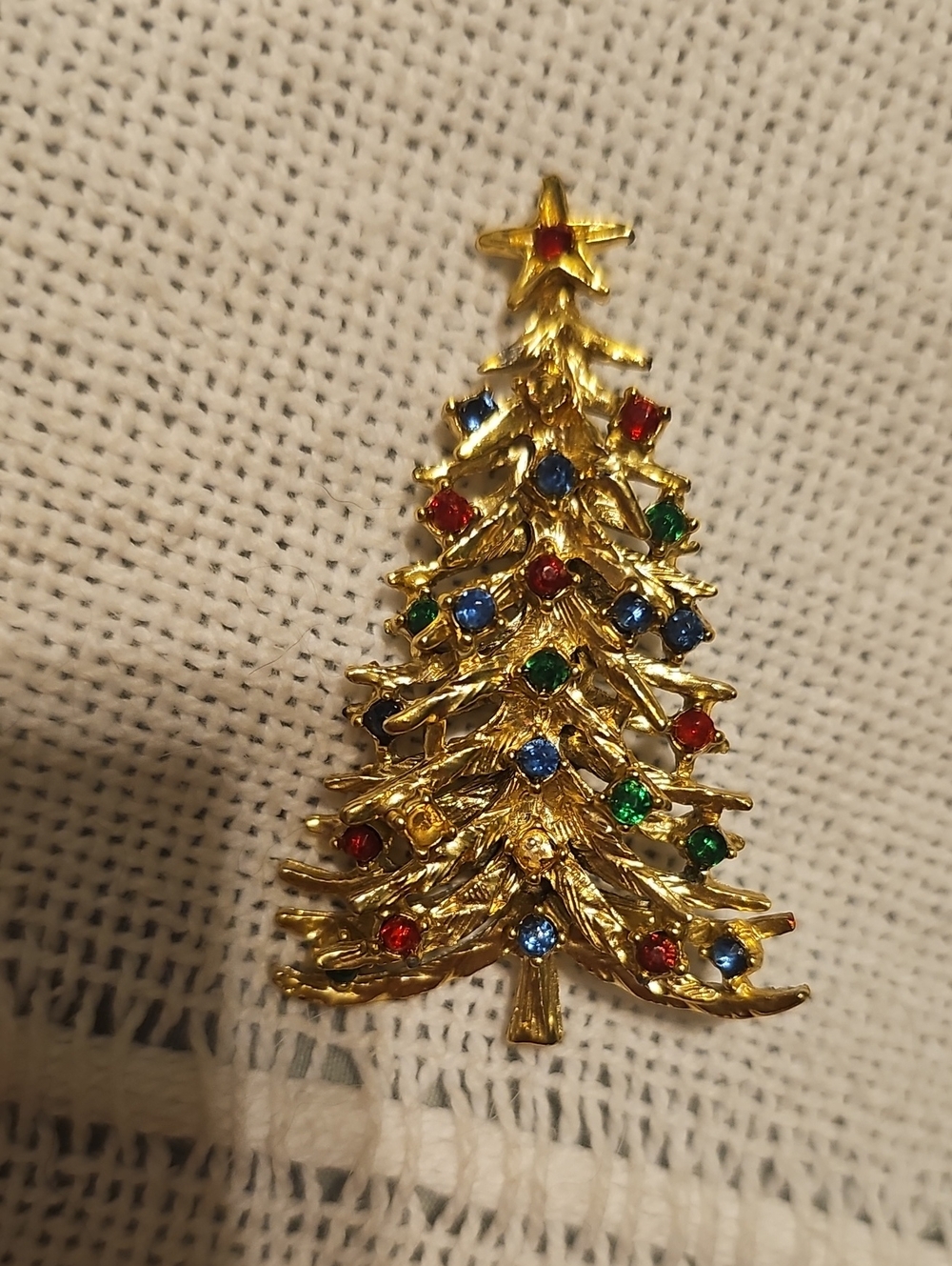 Vintage Gold-Tone Christmas Tree Brooch 70s  Holiday Jewelry Festive